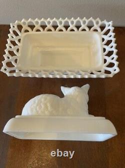 Atterbury White Milk Glass Cat on Nest Basket Lattice or Dancing Sailor Rim