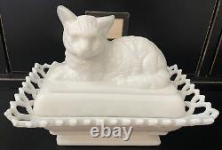 Atterbury White Milk Glass Cat on Nest Basket Lattice or Dancing Sailor Rim