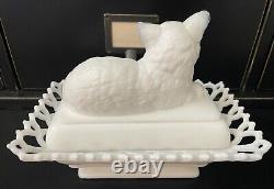 Atterbury White Milk Glass Cat on Nest Basket Lattice or Dancing Sailor Rim