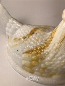 Atterbury Yellow Slag Mustard Marbled Milk Glass Hen on Nest Lace Nest Dish