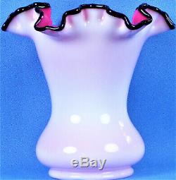 BLACK ROSE BY FENTON 6.5 vase cased milk glass white over pink with black crest