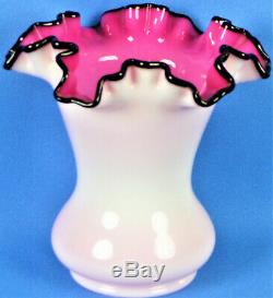 BLACK ROSE BY FENTON 6.5 vase cased milk glass white over pink with black crest