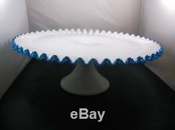 BLUE Crest Pedestal Cake Plate Vintage 1950s Fenton Milk Glass Cake Plate RARE