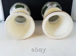 BRISTOL Pair of White Yellow Milk Glass Ivy & Vines Motif Vase 10.5h Vintage