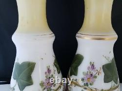 BRISTOL Pair of White Yellow Milk Glass Ivy & Vines Motif Vase 10.5h Vintage