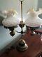 Beautiful Fenton Double Student Lamp With Milk Glass Poppy Gold Crest Shades