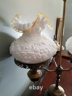 Beautiful Fenton Double Student Lamp With Milk Glass Poppy Gold Crest Shades