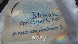 Beautiful Vintage Fire King Anchor Hocking Blue Mosaic Snack Sets 8 Pc/ 2 Avail