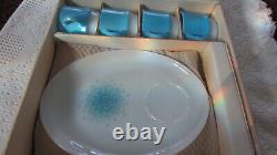 Beautiful Vintage Fire King Anchor Hocking Blue Mosaic Snack Sets 8 Pc/ 2 Avail