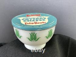 Beautiful Vintage Fire King Milk Glass Tulip Cottage Cheese Bowl Green withLid