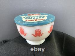 Beautiful Vintage Fire King Milk Glass Tulip Cottage Cheese Bowl Pink withLid