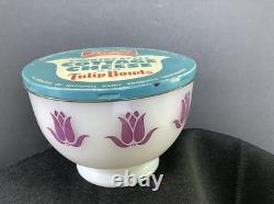 Beautiful Vintage Fire King Milk Glass Tulip Cottage Cheese Bowl Purple withLid