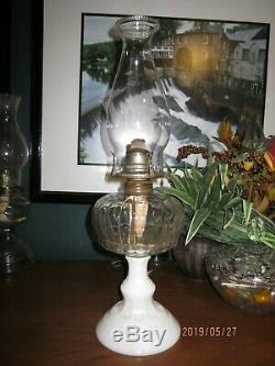 Beautiful Vintage Milk Glass Bottom & Glass Top Oil Lamp with White Flame Burner