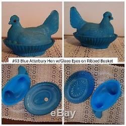 Blue Atterbury Hen withGlass Eyes on Ribbed Basket Antique/Vintage Milk Glass Dish