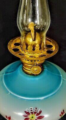 Blue White Milk Glass Miniature Oil Lamp Enamel Paint Complete 1880's P&A burner