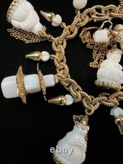 Book Pc NAPIER ASIAN Chalk White Milk Glass BUDDHA 17 Charm Bracelet & Earrings
