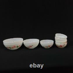 Bowl Set Nesting Mixing Fire King White Peach Blossom Pink Flowers Milk Glass