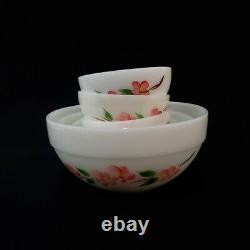 Bowl Set Nesting Mixing Fire King White Peach Blossom Pink Flowers Milk Glass