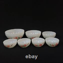 Bowl Set Nesting Mixing Fire King White Peach Blossom Pink Flowers Milk Glass