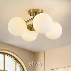 Brass 4-Light Mid Century Semi Flush Mount with Milk Glass Globes