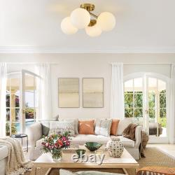 Brass 4-Light Mid Century Semi Flush Mount with Milk Glass Globes