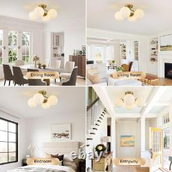 Brass 4-Light Mid Century Semi Flush Mount with Milk Glass Globes