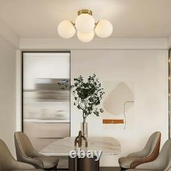 Brass 4-Light Mid Century Semi Flush Mount with Milk Glass Globes