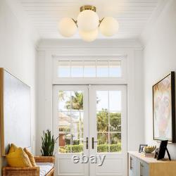 Brass 4-Light Mid Century Semi Flush Mount with Milk Glass Globes