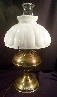 Brass Rayo Lamp Converted to Electric with White Milk Glass Shade, Working