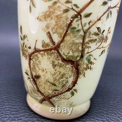 C 1880 Marked Bohemian Vaselin HARRACH Opaline Vase Gilt Enamel Birds & Flora