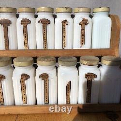 COMPLETE Griffith Milk Glass Spice Jar Set, 20 Jars with Metal Lids and Rack -Rare