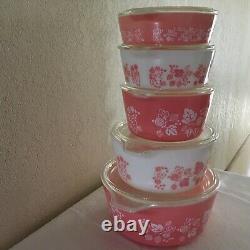 COMPLETE Pyrex PINK GOOSEBERRY CASSEROLE SET # 471, 472, 473, 474, 475 with Lids
