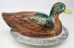 Challinor Taylor Milk Glass Hand Painted Duck Wavy Base Covered Dish Dominecker