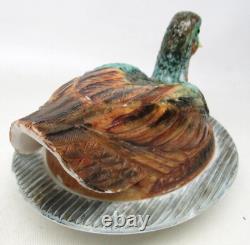 Challinor Taylor Milk Glass Hand Painted Duck Wavy Base Covered Dish Dominecker