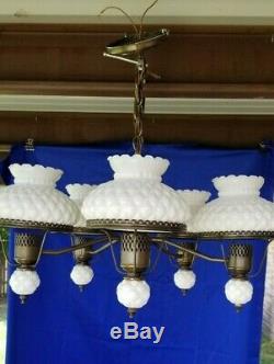 Chandelier White Milk Glass Globe 5 Arm Antiqued Brass Ceiling Light Fixture