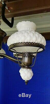 Chandelier White Milk Glass Globe 5 Arm Antiqued Brass Ceiling Light Fixture