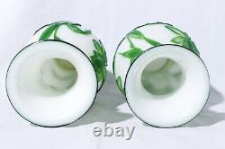 Chinese Peking Glass Green & Milk White Floral Vase Set of 2 (See Descr.)