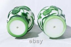 Chinese Peking Glass Green & Milk White Floral Vase Set of 2 (See Descr.)