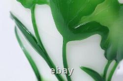 Chinese Peking Glass Green & Milk White Floral Vase Set of 2 (See Descr.)