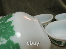 Circa 1950's Hazel Atlas Glass Milk White withGreen Ivy 5 piece Mixing Bowl Set