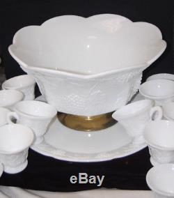 Colony Harvest Grape Milk Glass Punch Bowl Set with 12 Cups & Underplate M4413