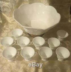 Colony Harvest Grape Paneled Milk Glass Punch Bowl withgold raised base & 10 Cups