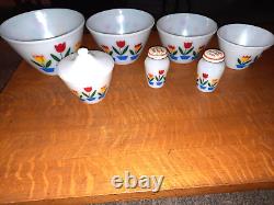 Complete Set of Fire King Tulips 4 Bowls, 1 Grease Jar & Lid, 2 Shakers & Lids