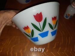 Complete Set of Fire King Tulips 4 Bowls, 1 Grease Jar & Lid, 2 Shakers & Lids