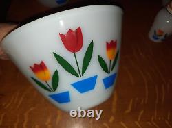 Complete Set of Fire King Tulips 4 Bowls, 1 Grease Jar & Lid, 2 Shakers & Lids