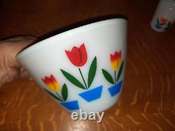 Complete Set of Fire King Tulips 4 Bowls, 1 Grease Jar & Lid, 2 Shakers & Lids