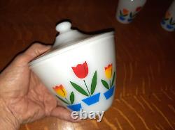 Complete Set of Fire King Tulips 4 Bowls, 1 Grease Jar & Lid, 2 Shakers & Lids