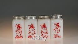 Complete Vintage Tipp City Milk Glass Dutch Red Running Figure Range Set c. 1939
