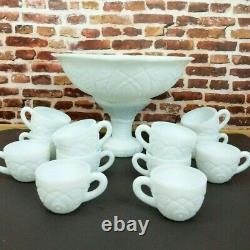 Concord Early American Punch Bowl Set Milk Glass 12 Cups Mugs Party Serving