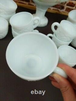 Concord Early American Punch Bowl Set Milk Glass 12 Cups Mugs Party Serving